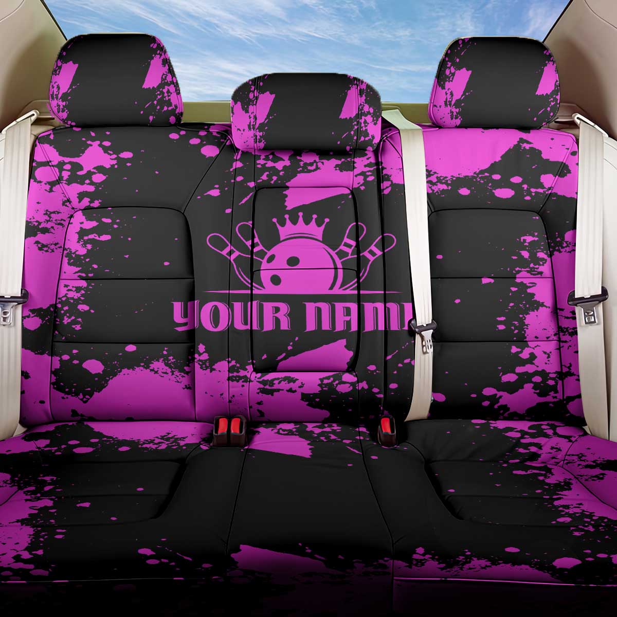 Pink Paint Splatter Design Back Car Seat Cover with Bowling Graphic and Custom Team Name Text - Wonder Print Shop