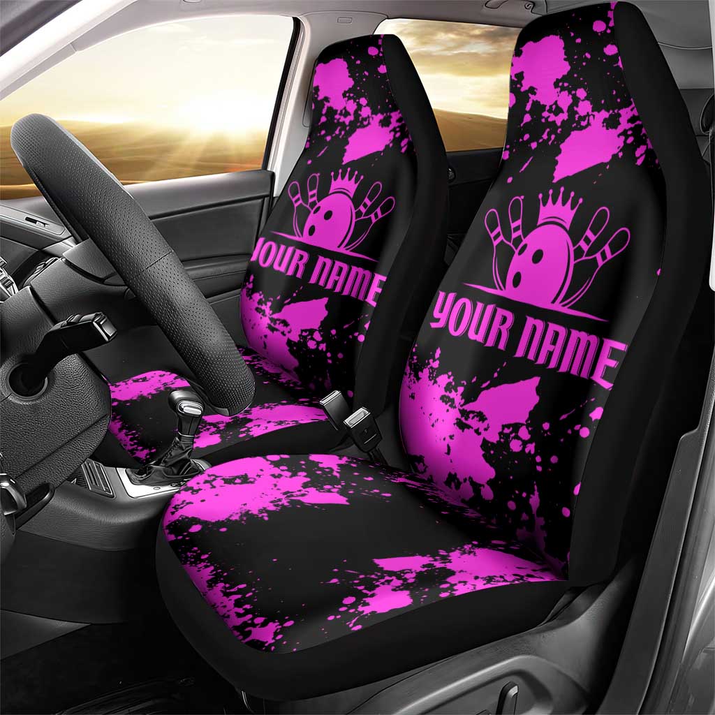 Pink Paint Splatter Design Car Seat Cover with Bowling Graphic and Custom Team Name Text - Wonder Print Shop