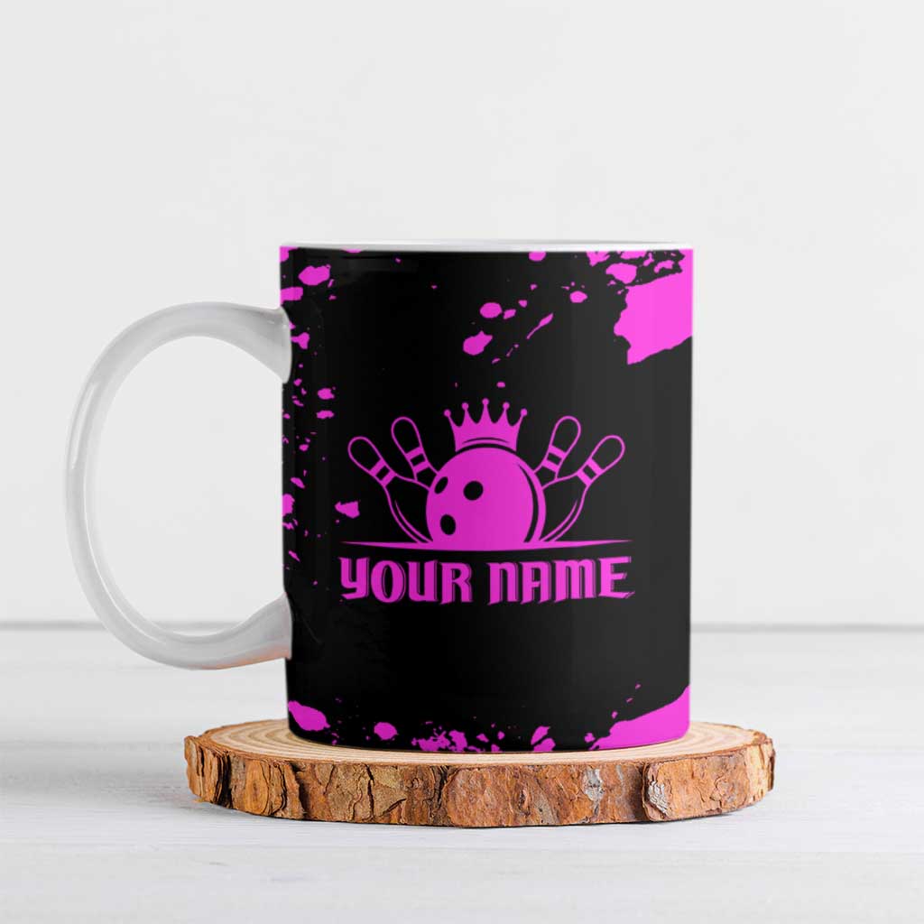 Pink Paint Splatter Design Ceramic Mug with Bowling Graphic and Custom Team Name Text - Wonder Print Shop