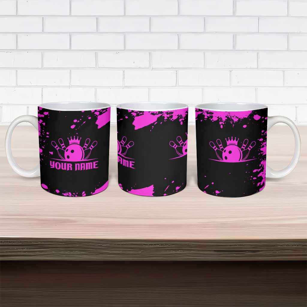 Pink Paint Splatter Design Ceramic Mug with Bowling Graphic and Custom Team Name Text - Wonder Print Shop