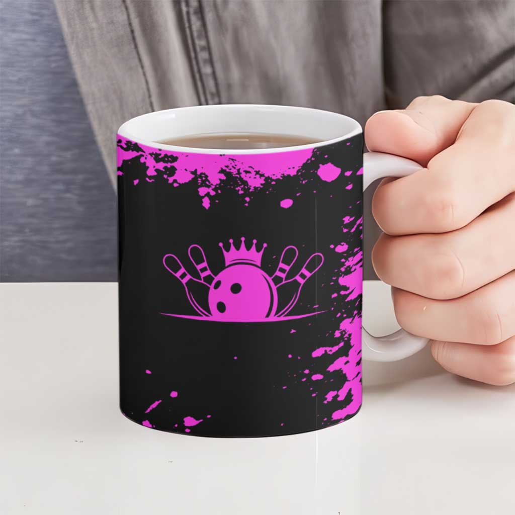 Pink Paint Splatter Design Ceramic Mug with Bowling Graphic and Custom Team Name Text - Wonder Print Shop