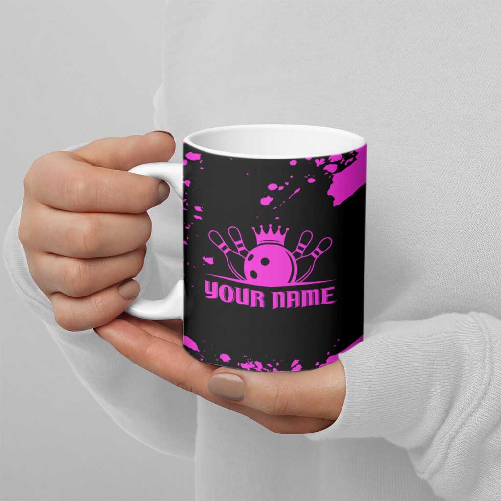 Pink Paint Splatter Design Ceramic Mug with Bowling Graphic and Custom Team Name Text - Wonder Print Shop