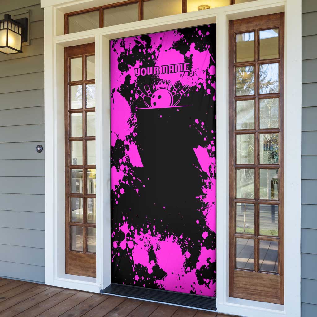 Pink Paint Splatter Design Door Cover with Bowling Graphic and Custom Team Name Text - Wonder Print Shop