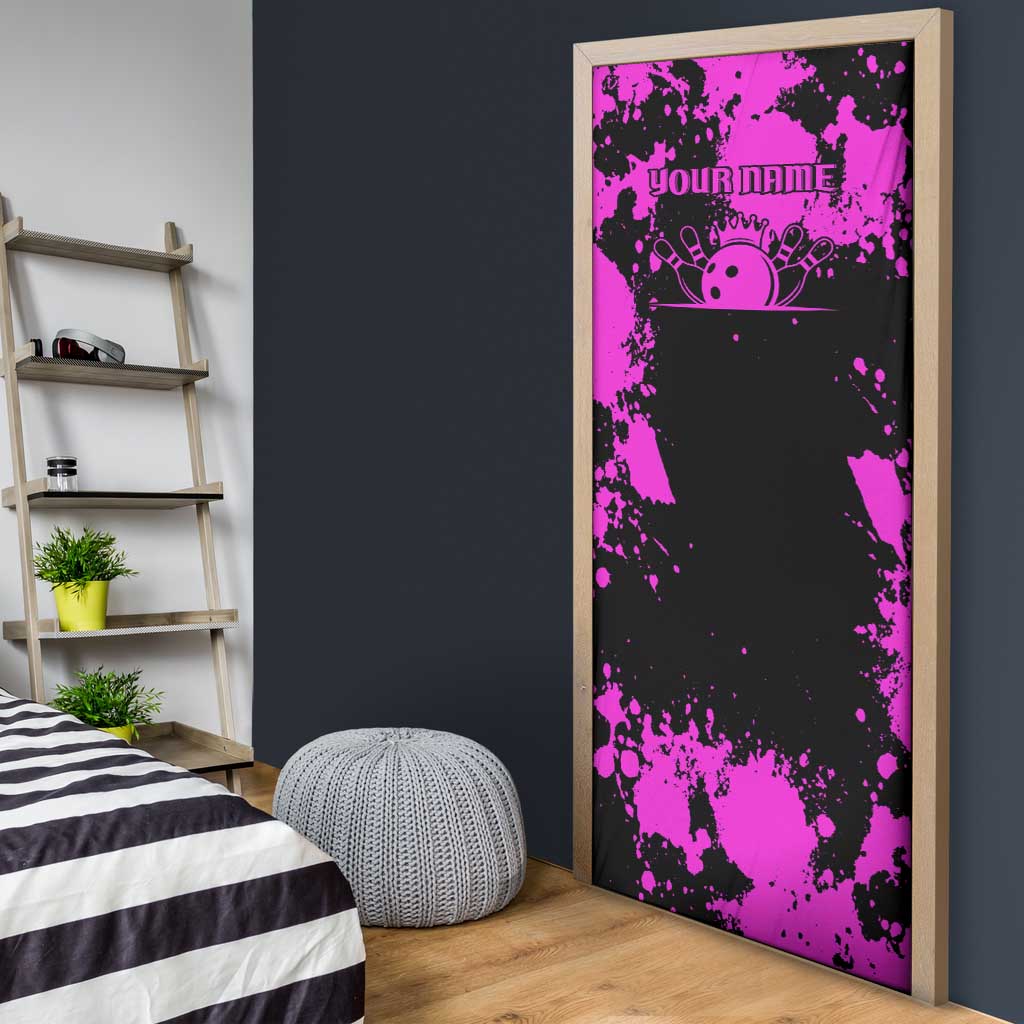 Pink Paint Splatter Design Door Cover with Bowling Graphic and Custom Team Name Text - Wonder Print Shop