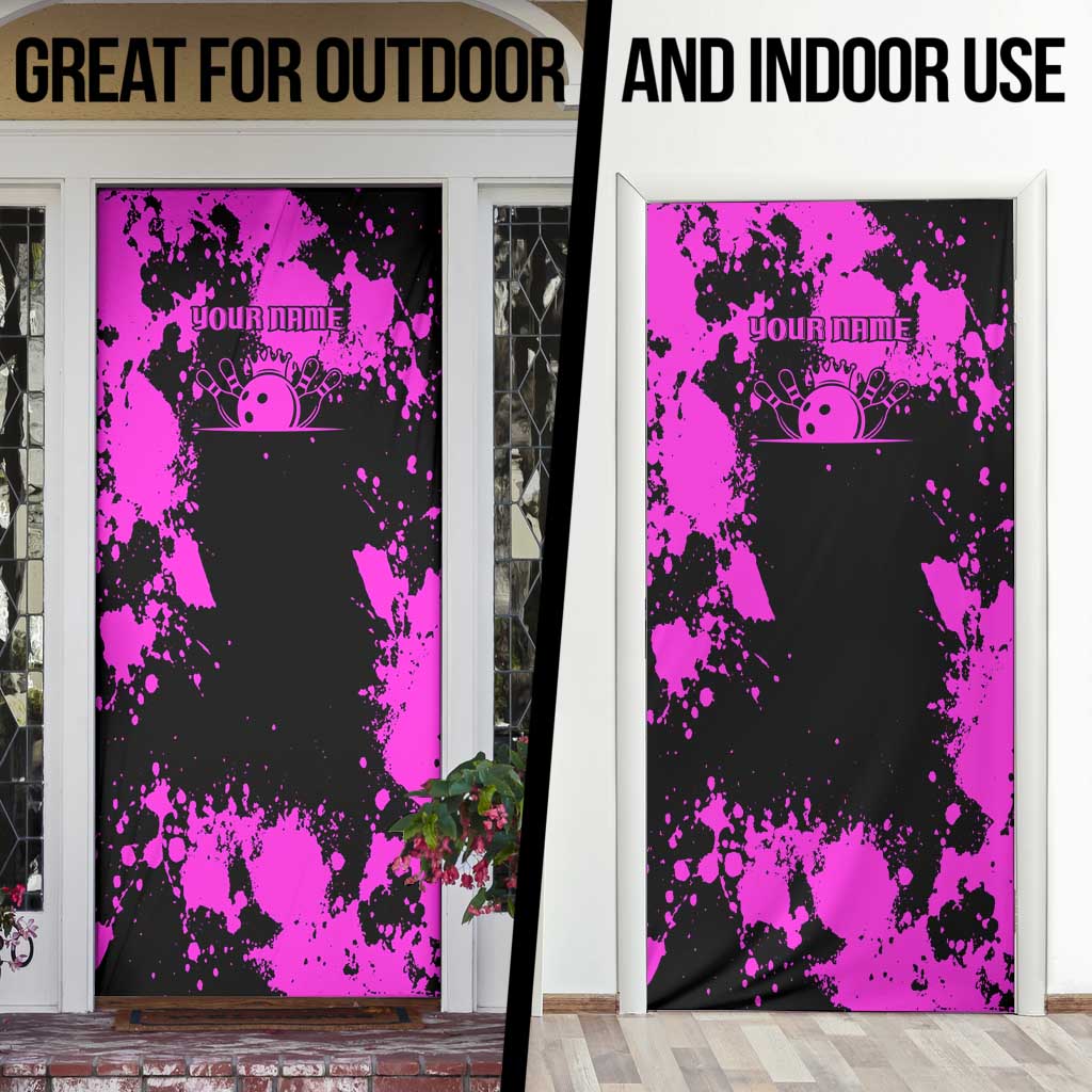 Pink Paint Splatter Design Door Cover with Bowling Graphic and Custom Team Name Text - Wonder Print Shop