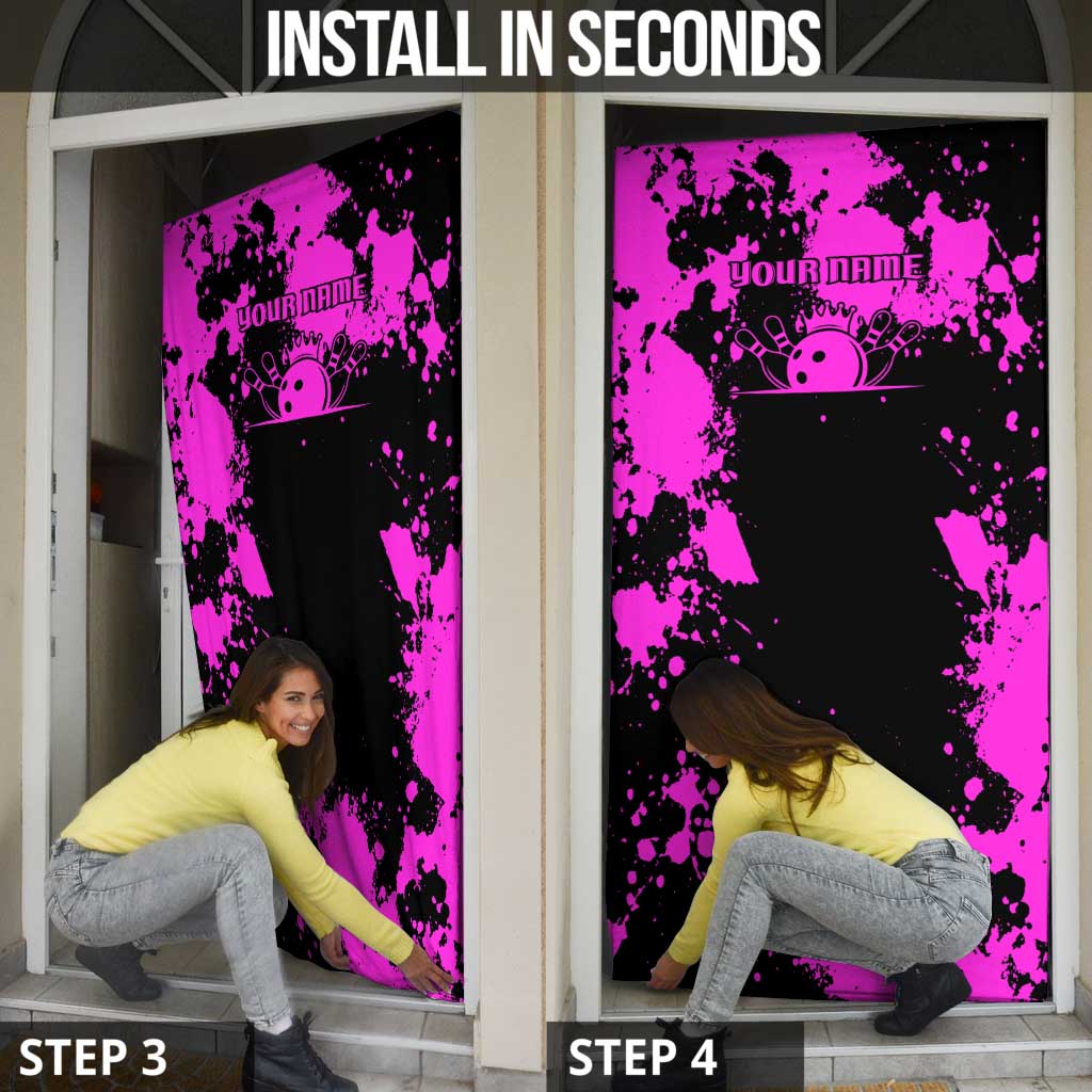 Pink Paint Splatter Design Door Cover with Bowling Graphic and Custom Team Name Text - Wonder Print Shop