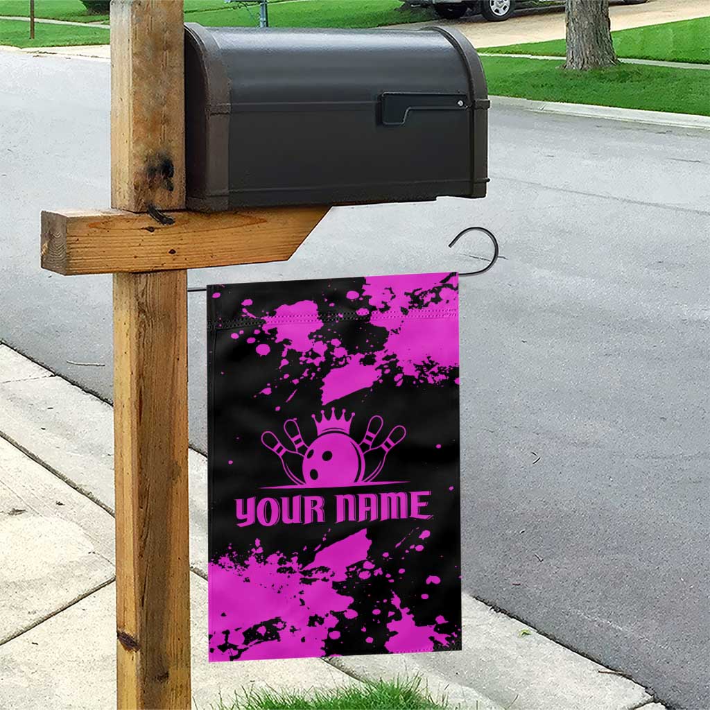Pink Paint Splatter Design Garden Flag with Bowling Graphic and Custom Team Name Text - Wonder Print Shop
