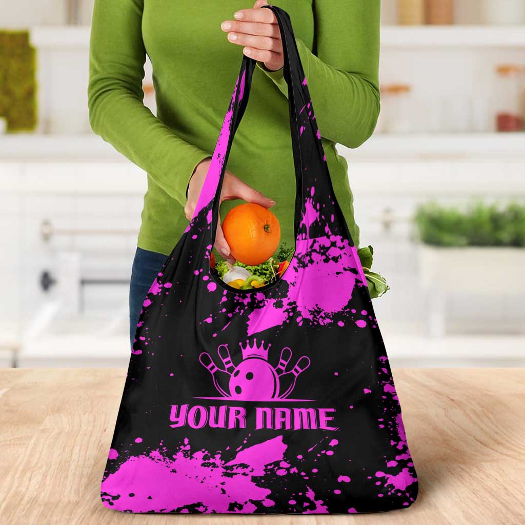 Pink Paint Splatter Design Grocery Bag with Bowling Graphic and Custom Team Name Text - Wonder Print Shop