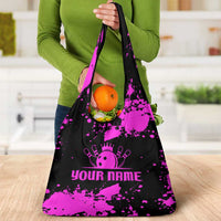 Pink Paint Splatter Design Grocery Bag with Bowling Graphic and Custom Team Name Text - Wonder Print Shop