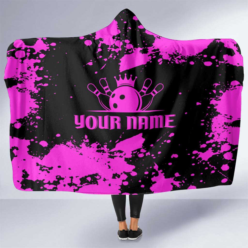 Pink Paint Splatter Design Hooded Blanket with Bowling Graphic and Custom Team Name Text - Wonder Print Shop