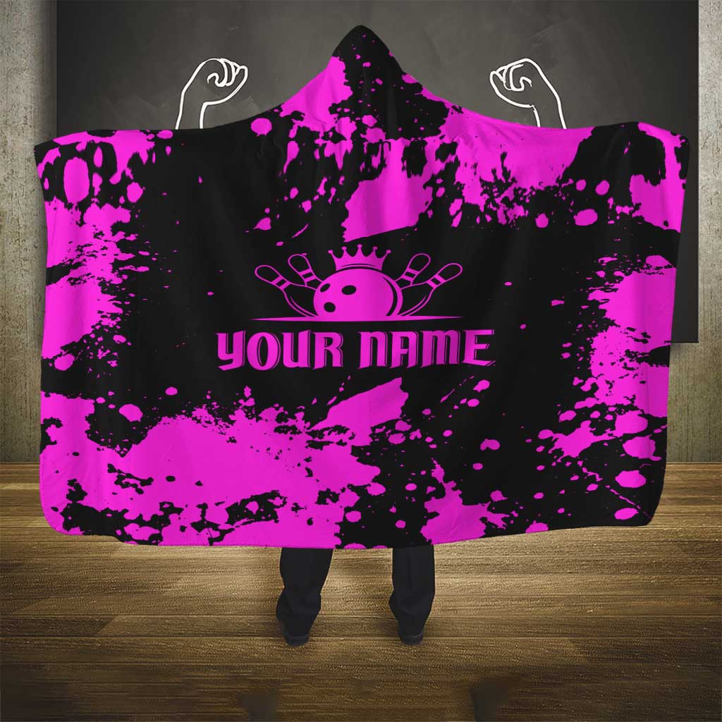 Pink Paint Splatter Design Hooded Blanket with Bowling Graphic and Custom Team Name Text - Wonder Print Shop