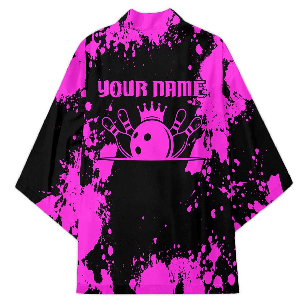 Pink Paint Splatter Design Kimono with Bowling Graphic and Custom Team Name Text - Wonder Print Shop
