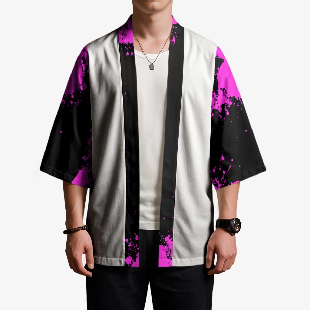 Pink Paint Splatter Design Kimono with Bowling Graphic and Custom Team Name Text - Wonder Print Shop
