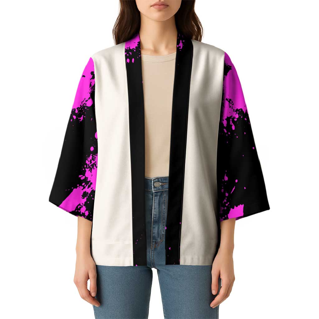Pink Paint Splatter Design Kimono with Bowling Graphic and Custom Team Name Text - Wonder Print Shop