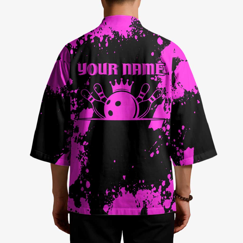 Pink Paint Splatter Design Kimono with Bowling Graphic and Custom Team Name Text - Wonder Print Shop