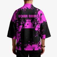 Pink Paint Splatter Design Kimono with Bowling Graphic and Custom Team Name Text - Wonder Print Shop