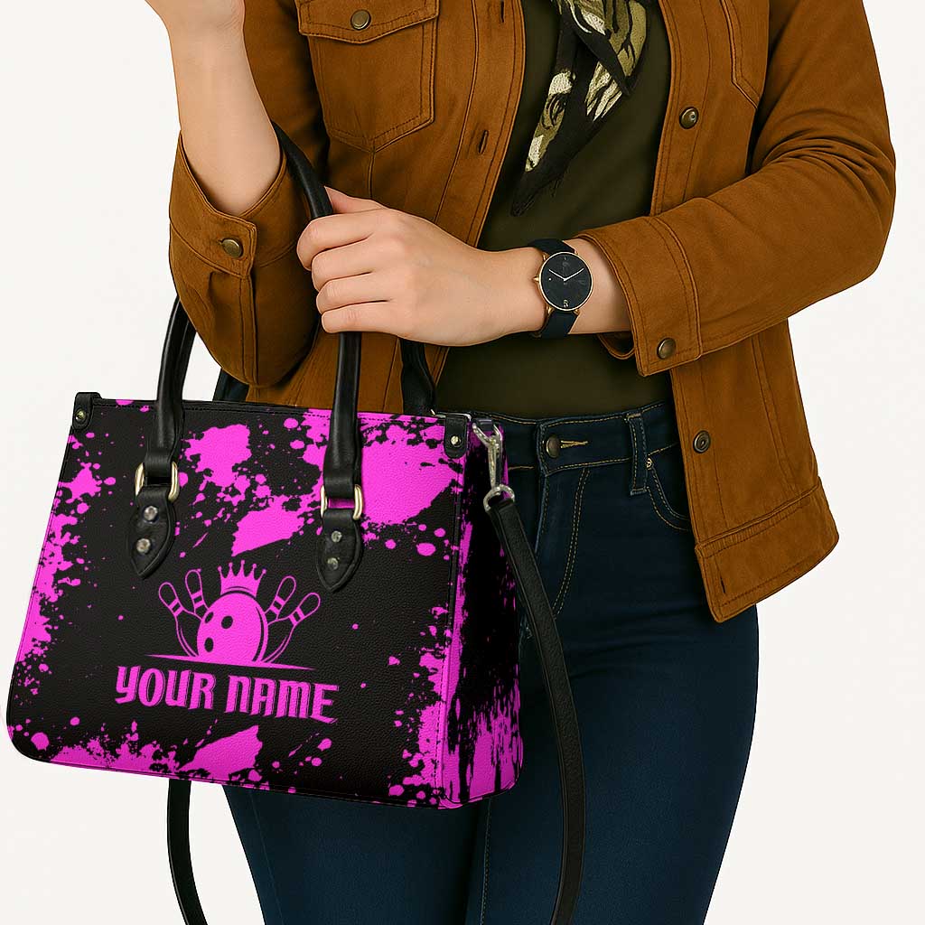 Pink Paint Splatter Design Leather Bag with Bowling Graphic and Custom Team Name Text - Wonder Print Shop