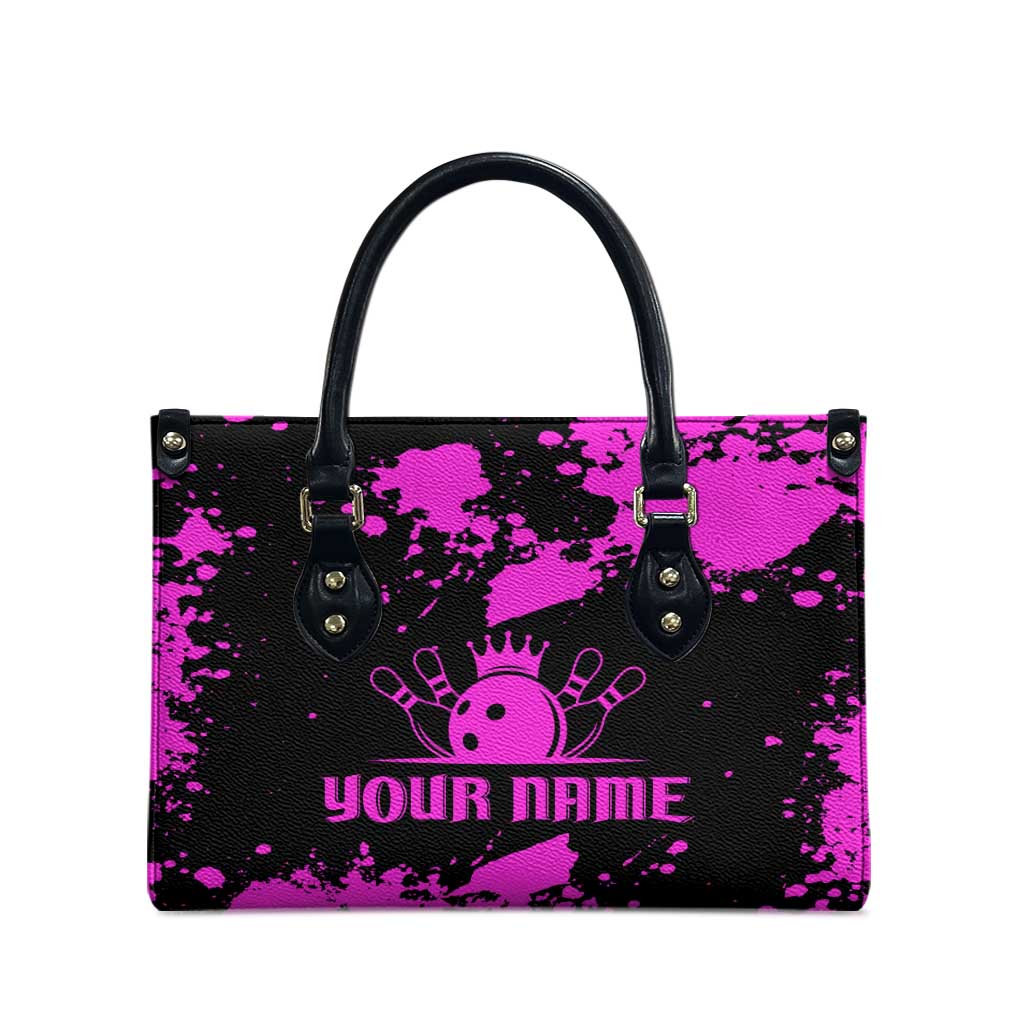 Pink Paint Splatter Design Leather Bag with Bowling Graphic and Custom Team Name Text - Wonder Print Shop