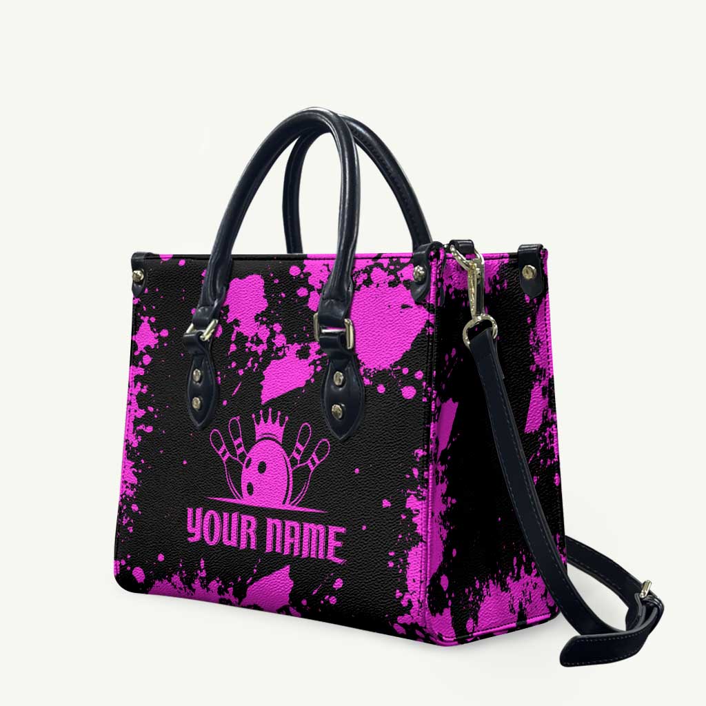 Pink Paint Splatter Design Leather Bag with Bowling Graphic and Custom Team Name Text - Wonder Print Shop