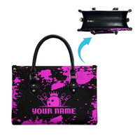 Pink Paint Splatter Design Leather Bag with Bowling Graphic and Custom Team Name Text - Wonder Print Shop