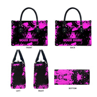 Pink Paint Splatter Design Leather Bag with Bowling Graphic and Custom Team Name Text - Wonder Print Shop