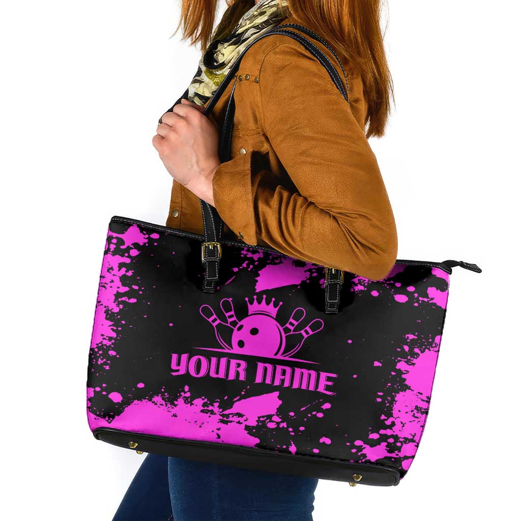 Pink Paint Splatter Design Leather Tote Bag with Bowling Graphic and Custom Team Name Text - Wonder Print Shop