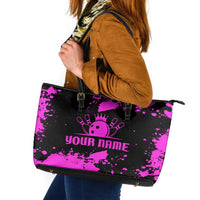Pink Paint Splatter Design Leather Tote Bag with Bowling Graphic and Custom Team Name Text - Wonder Print Shop