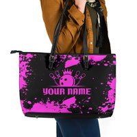 Pink Paint Splatter Design Leather Tote Bag with Bowling Graphic and Custom Team Name Text - Wonder Print Shop