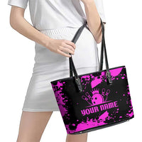 Pink Paint Splatter Design Leather Tote Bag with Bowling Graphic and Custom Team Name Text - Wonder Print Shop