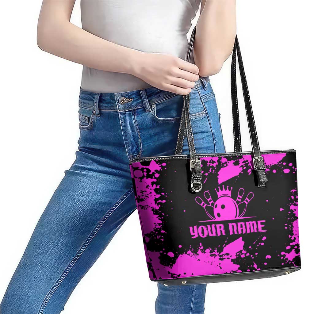 Pink Paint Splatter Design Leather Tote Bag with Bowling Graphic and Custom Team Name Text - Wonder Print Shop