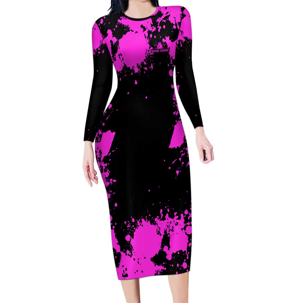 Pink Paint Splatter Design Long Sleeve Bodycon Dress with Bowling Graphic and Custom Team Name Text - Wonder Print Shop