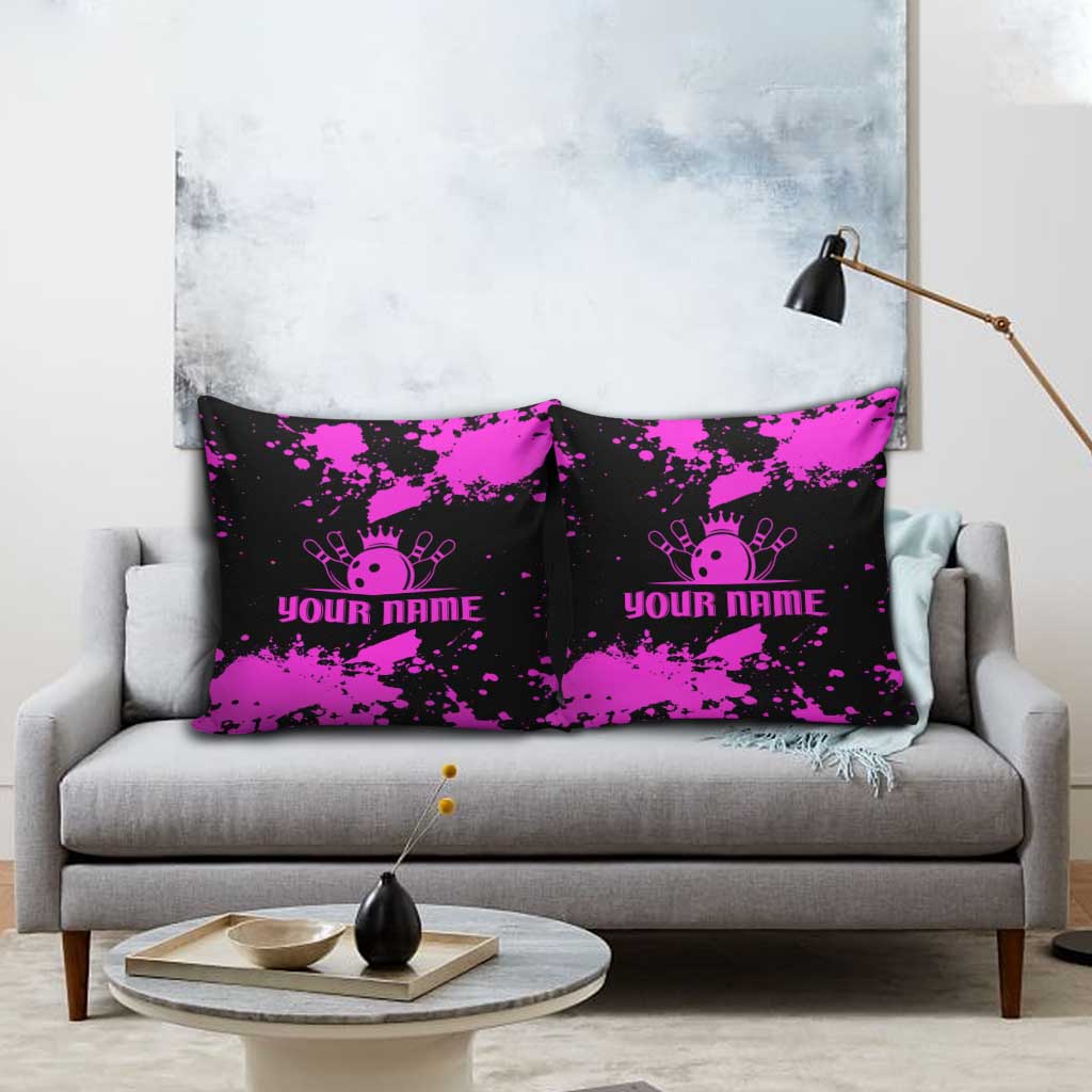 Pink Paint Splatter Design Pillow Cover with Bowling Graphic and Custom Team Name Text - Wonder Print Shop