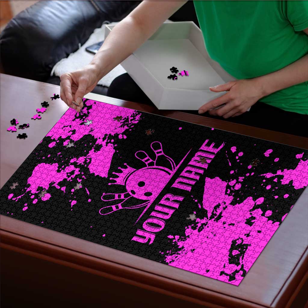 Pink Paint Splatter Design Puzzle with Bowling Graphic and Custom Team Name Text - Wonder Print Shop