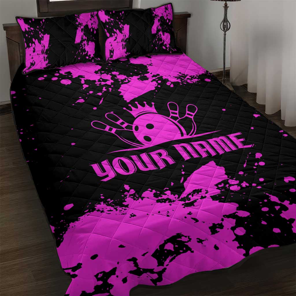 Pink Paint Splatter Design Quilt Bed Set with Bowling Graphic and Custom Team Name Text - Wonder Print Shop