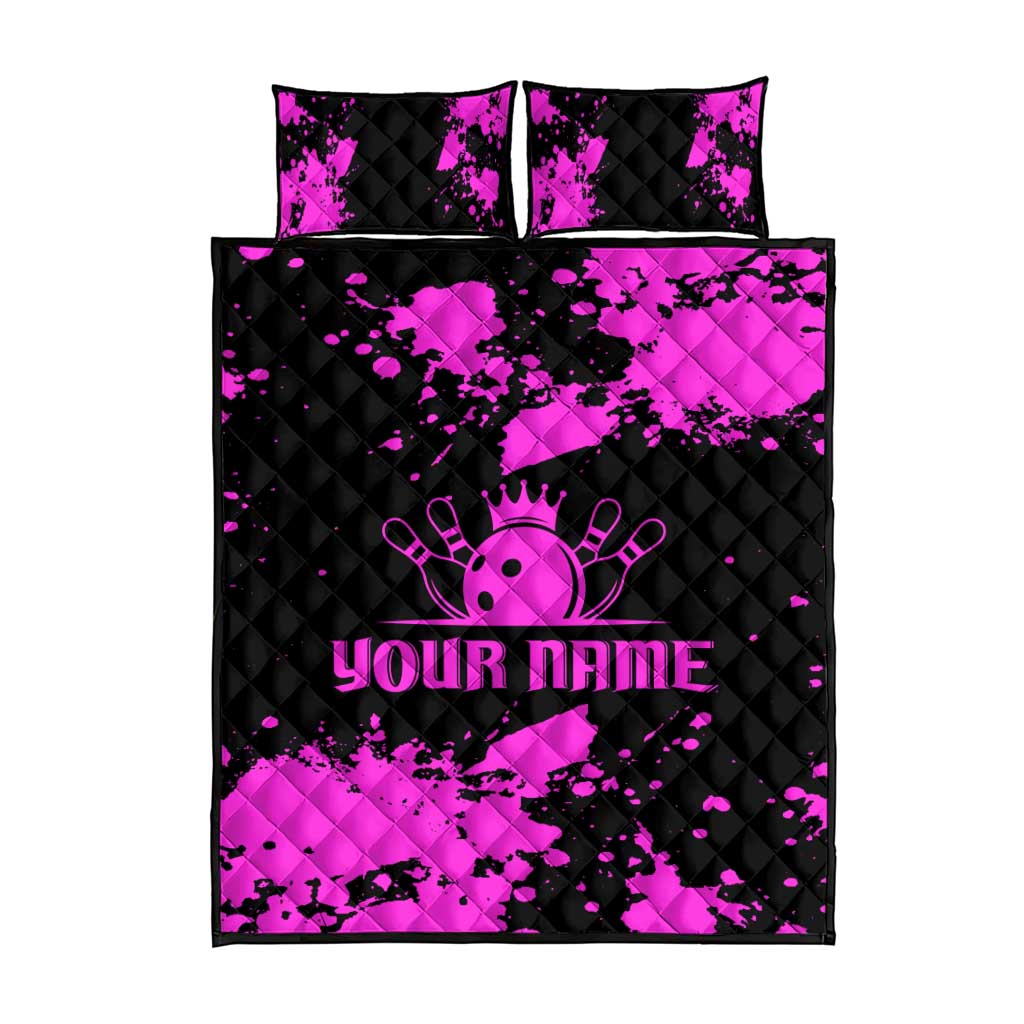 Pink Paint Splatter Design Quilt Bed Set with Bowling Graphic and Custom Team Name Text - Wonder Print Shop