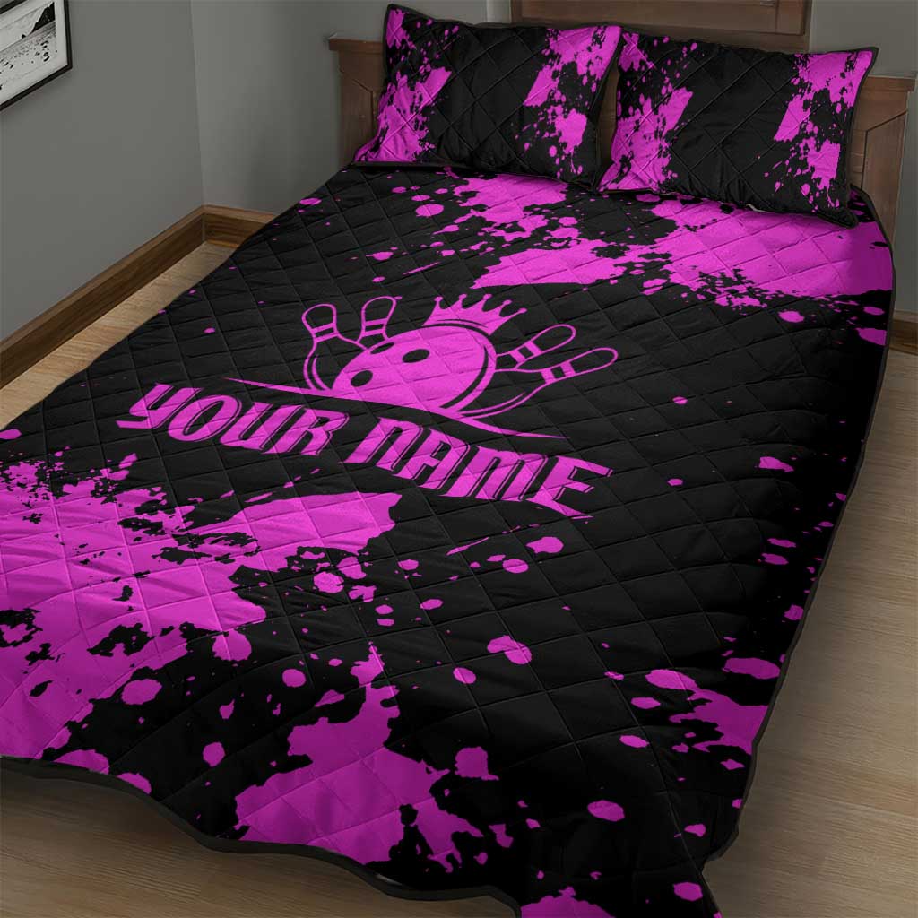 Pink Paint Splatter Design Quilt Bed Set with Bowling Graphic and Custom Team Name Text - Wonder Print Shop