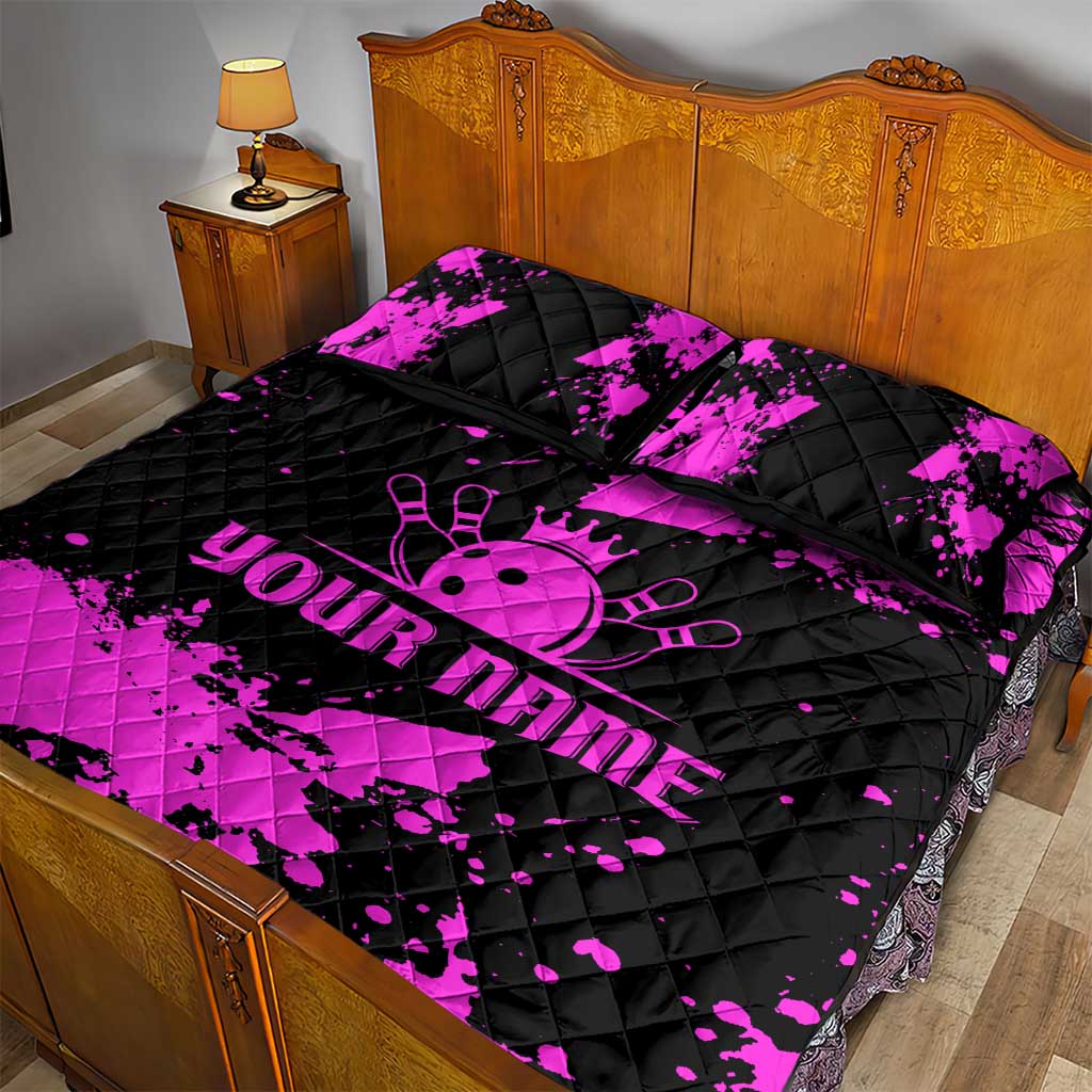 Pink Paint Splatter Design Quilt Bed Set with Bowling Graphic and Custom Team Name Text - Wonder Print Shop