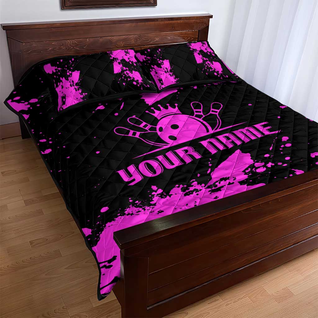 Pink Paint Splatter Design Quilt Bed Set with Bowling Graphic and Custom Team Name Text - Wonder Print Shop