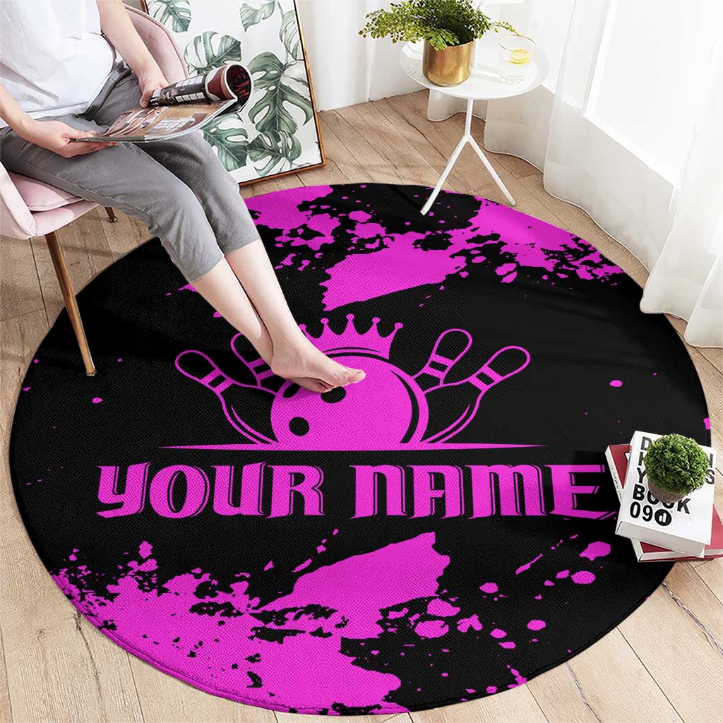 Pink Paint Splatter Design Round Carpet with Bowling Graphic and Custom Team Name Text - Wonder Print Shop