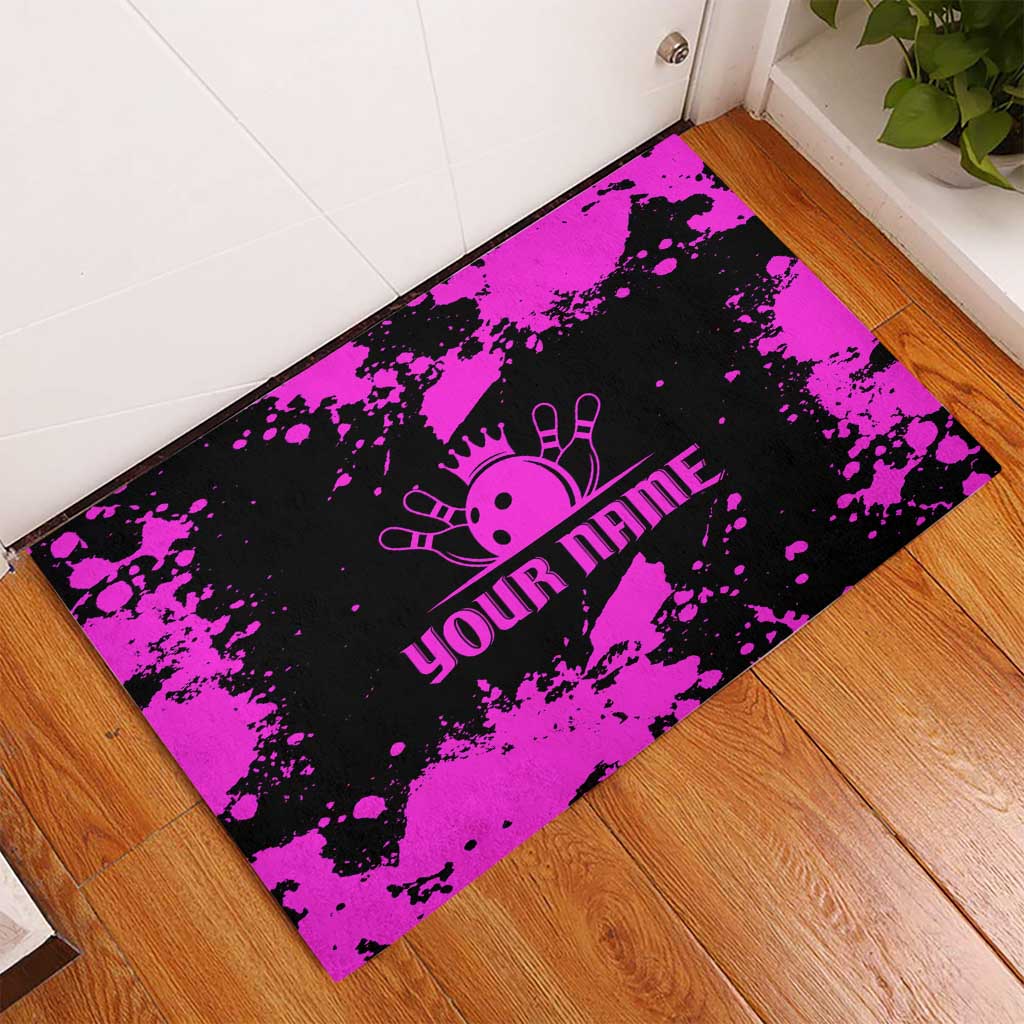 Pink Paint Splatter Design Rubber Doormat with Bowling Graphic and Custom Team Name Text - Wonder Print Shop