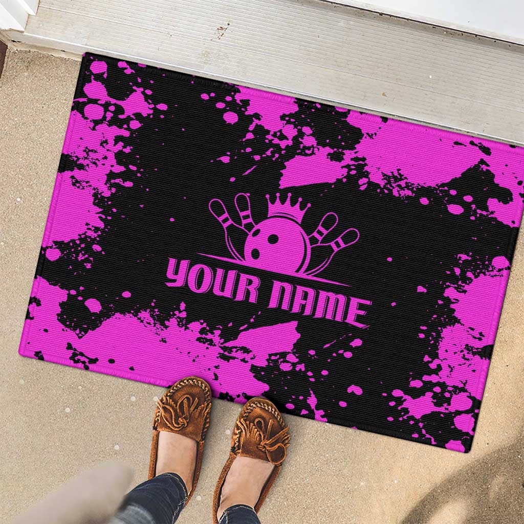 Pink Paint Splatter Design Rubber Doormat with Bowling Graphic and Custom Team Name Text - Wonder Print Shop