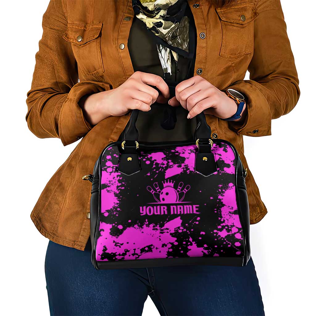 Pink Paint Splatter Design Shoulder Handbag with Bowling Graphic and Custom Team Name Text - Wonder Print Shop