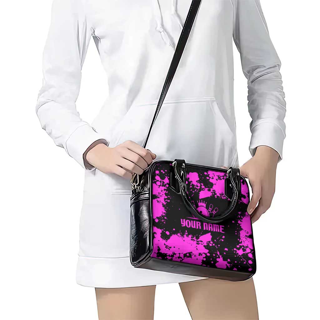 Pink Paint Splatter Design Shoulder Handbag with Bowling Graphic and Custom Team Name Text - Wonder Print Shop
