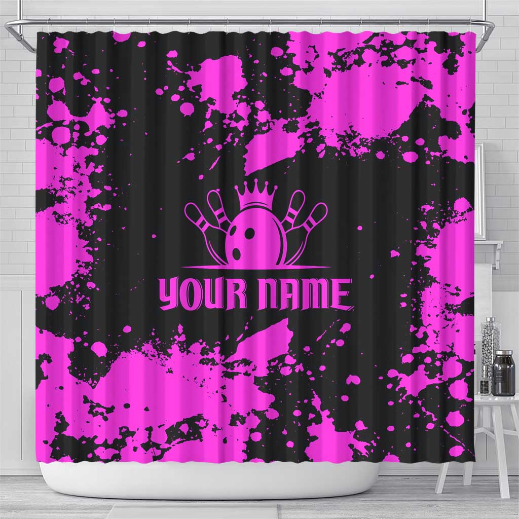Pink Paint Splatter Design Shower Curtain with Bowling Graphic and Custom Team Name Text - Wonder Print Shop