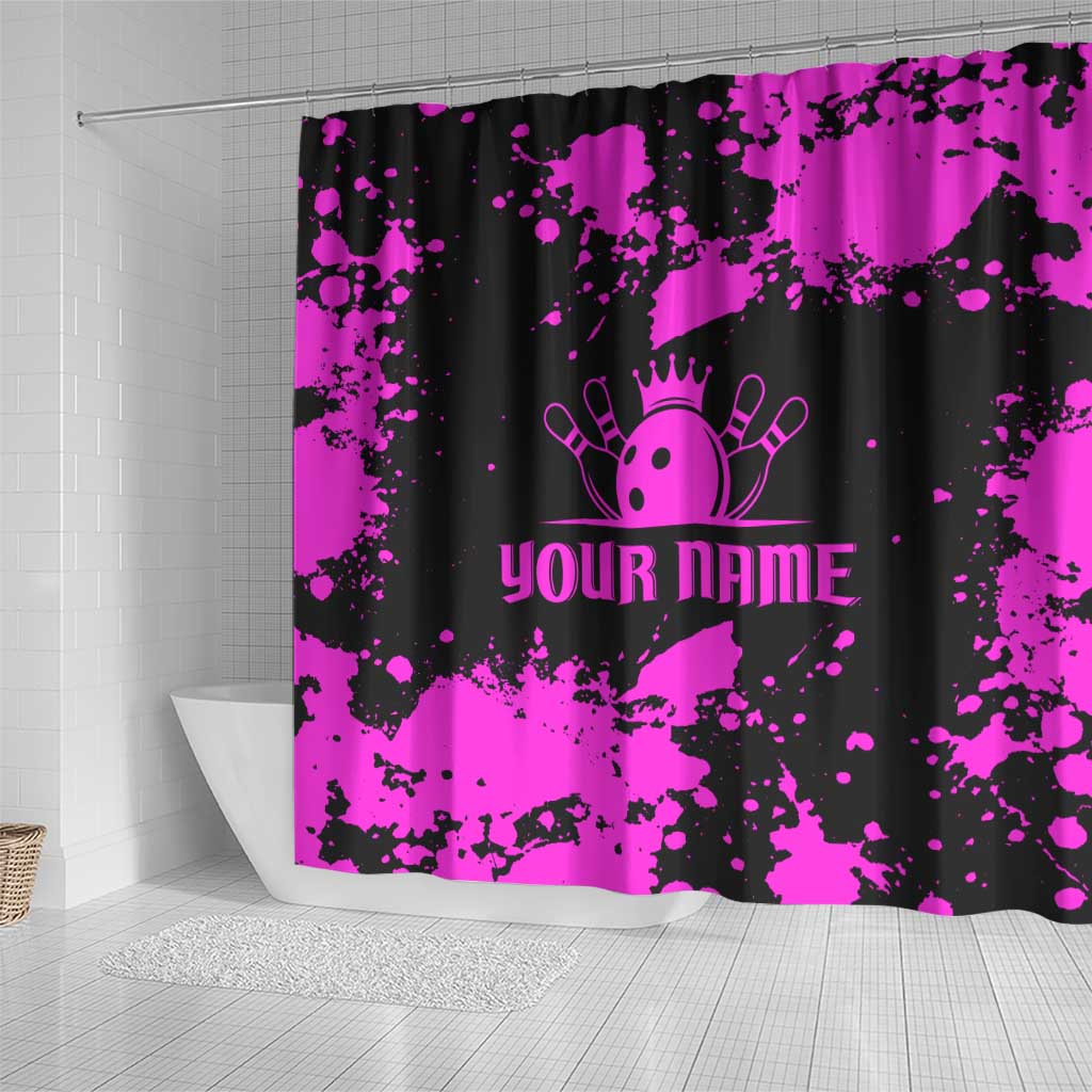 Pink Paint Splatter Design Shower Curtain with Bowling Graphic and Custom Team Name Text - Wonder Print Shop