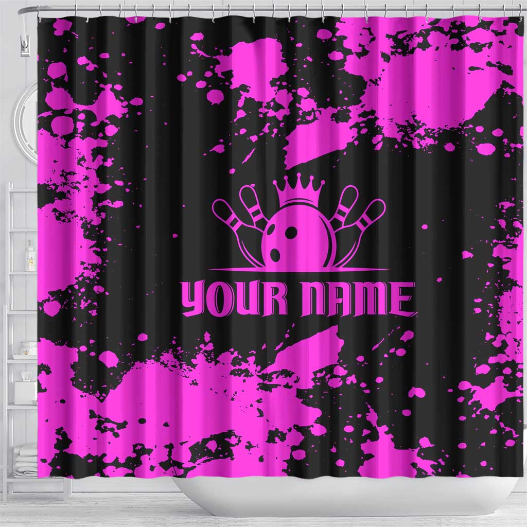 Pink Paint Splatter Design Shower Curtain with Bowling Graphic and Custom Team Name Text - Wonder Print Shop