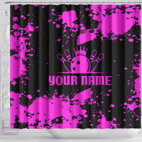 Pink Paint Splatter Design Shower Curtain with Bowling Graphic and Custom Team Name Text - Wonder Print Shop