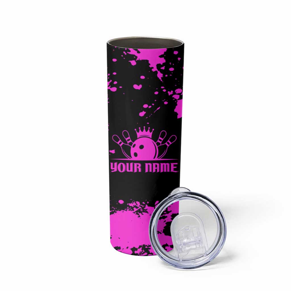 Pink Paint Splatter Design Skinny Tumbler with Bowling Graphic and Custom Team Name Text - Wonder Print Shop