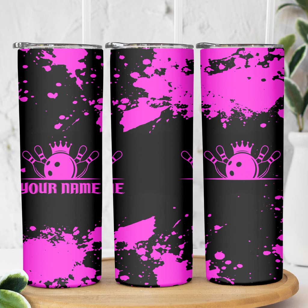 Pink Paint Splatter Design Skinny Tumbler with Bowling Graphic and Custom Team Name Text - Wonder Print Shop
