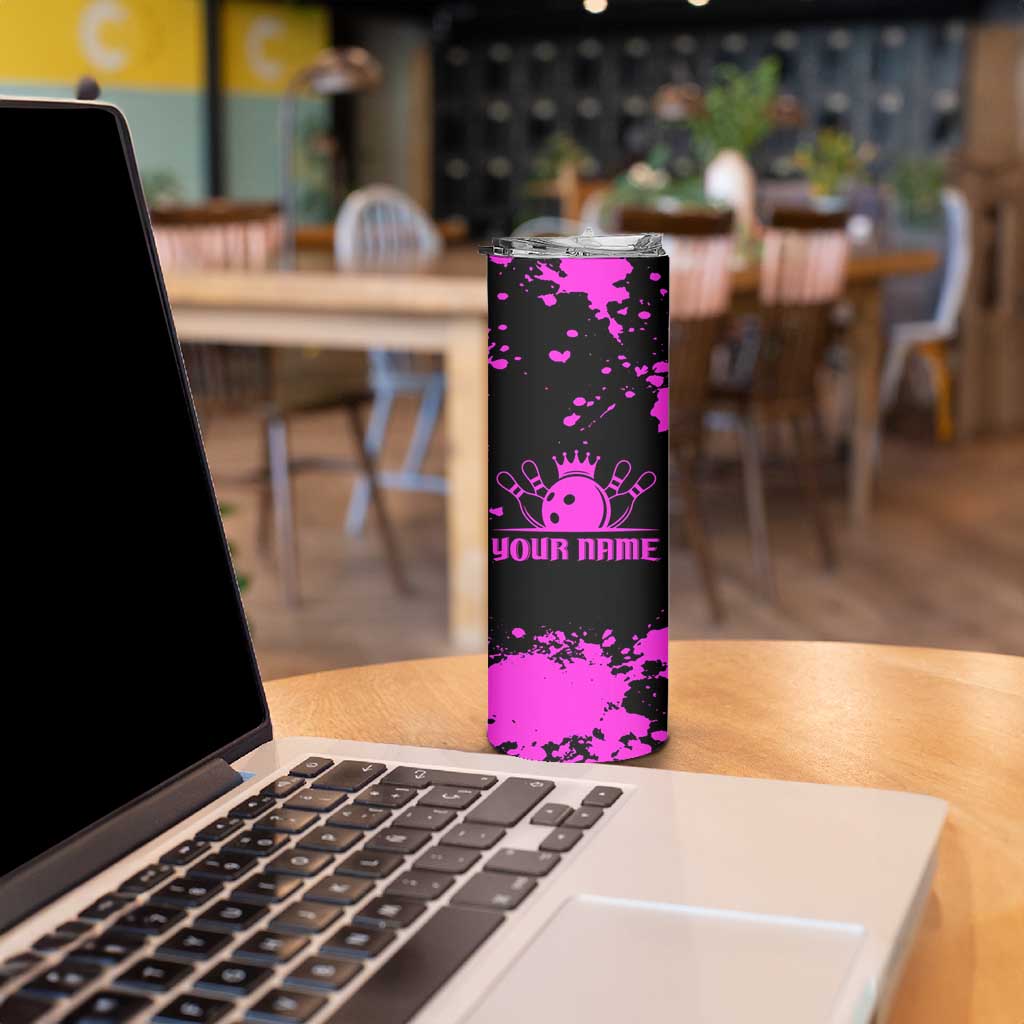 Pink Paint Splatter Design Skinny Tumbler with Bowling Graphic and Custom Team Name Text - Wonder Print Shop